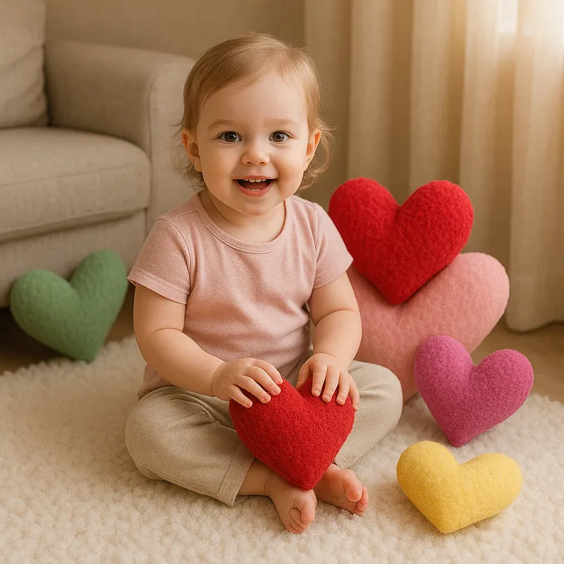 Bébé assis avec des coussins en forme de coeur