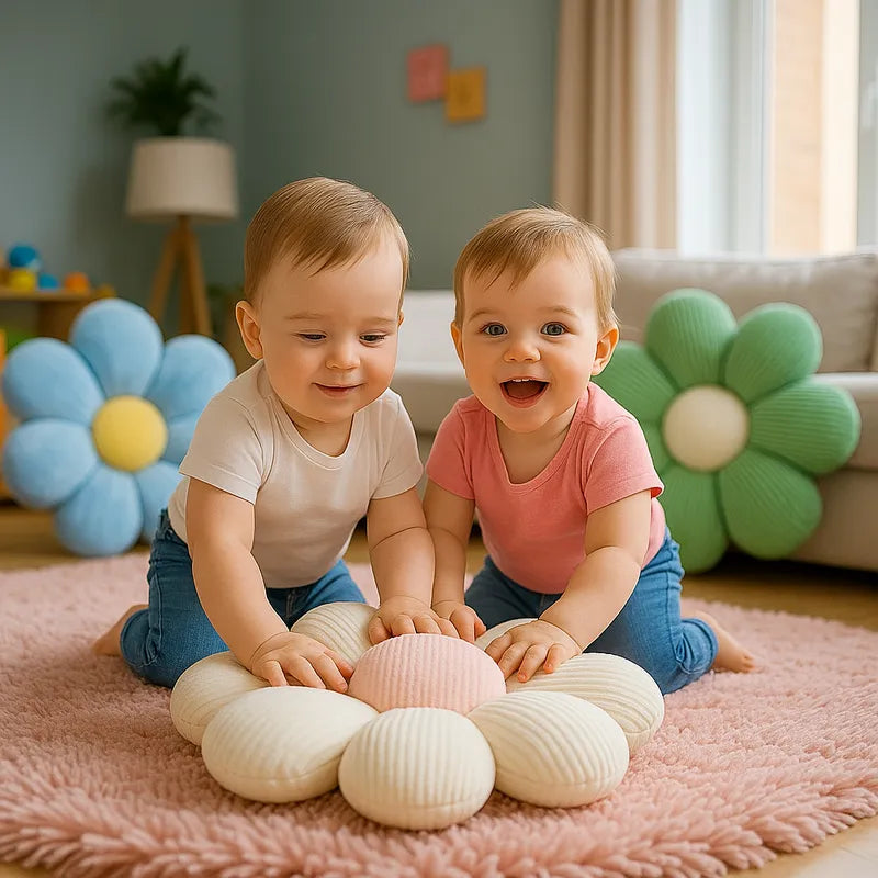 2 bébés appuyés sur un coussin en forme de marguerite