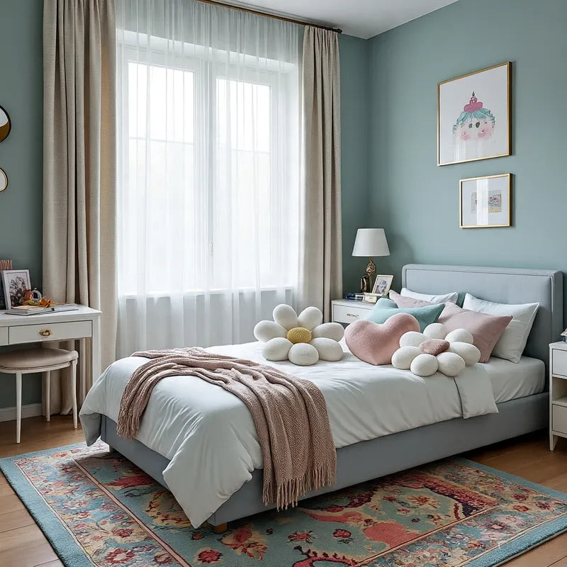 Décor de chambre d'enfant avec coussin en forme de marguerite