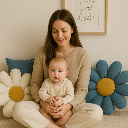 Maman et bébé avec coussin en forme de marguerite