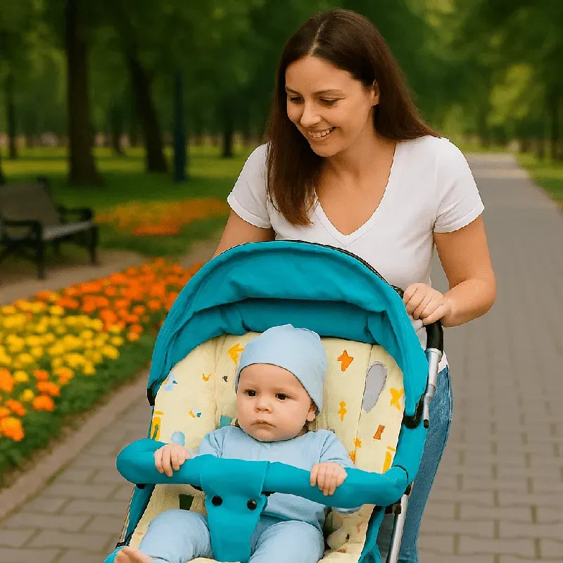 Coussin poussette bébé bleu confortable et lavable pour sorties pratiques