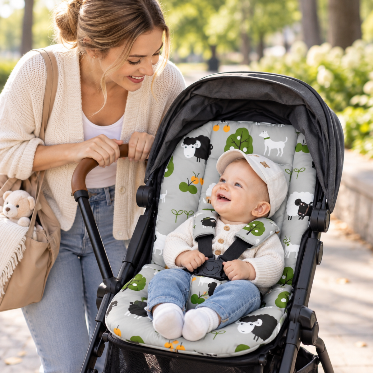 Bébé installé confortablement sur un coussin de poussette à motifs animaux pendant une promenade avec sa maman