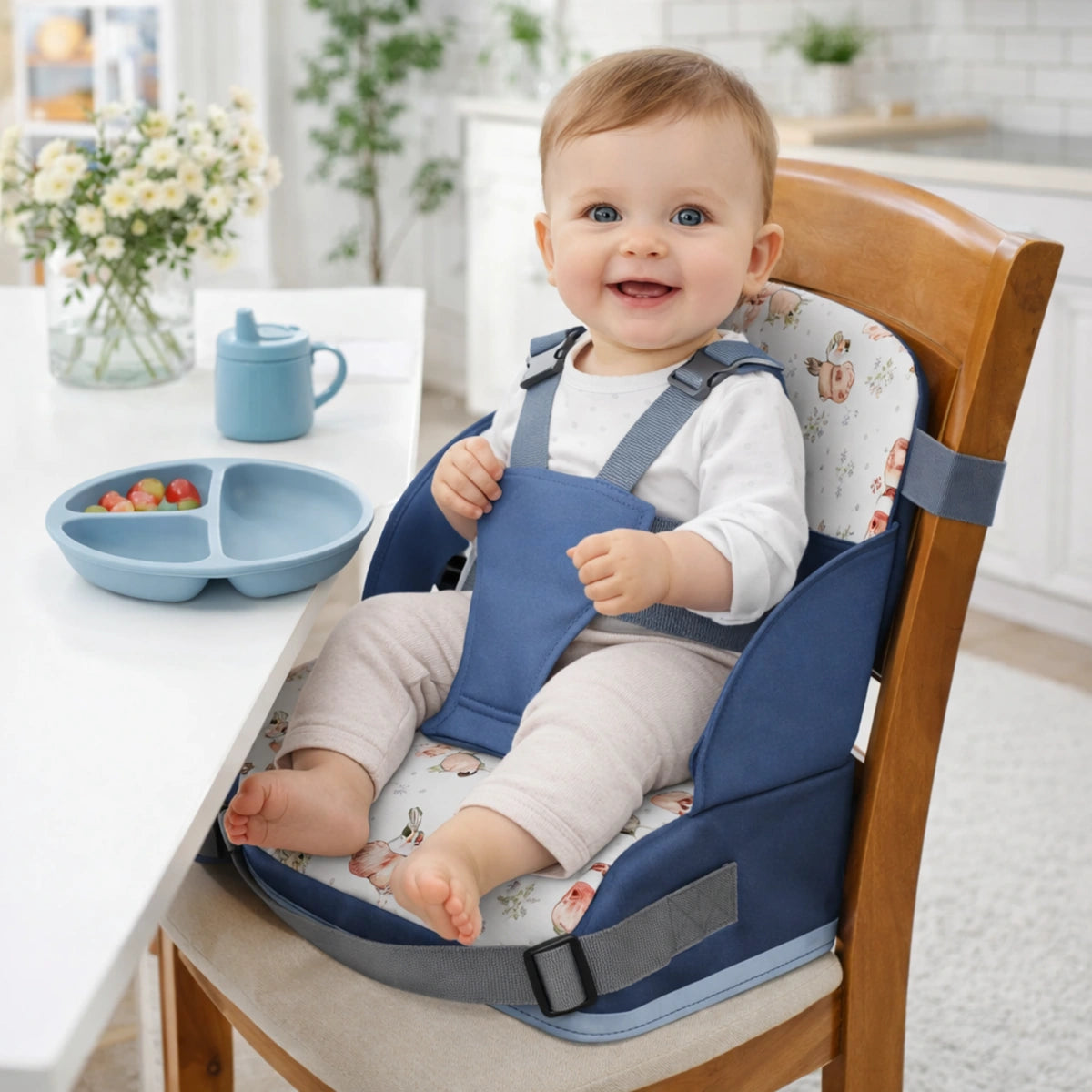 coussin rehausseur enfant bleu avec bébé assis à table favorisant l’autonomie pendant le repas
