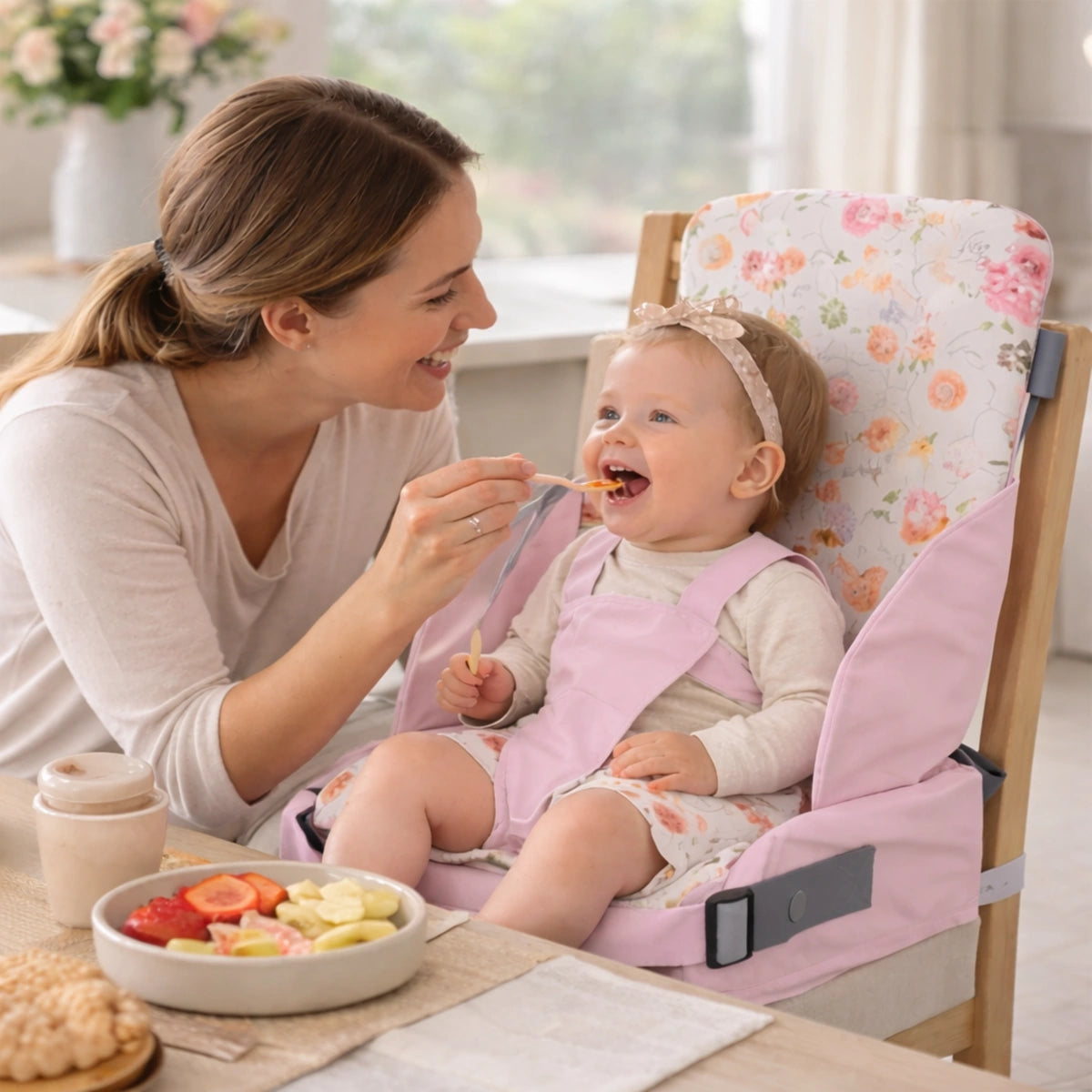 coussin rehausseur enfant rose avec bébé assis pendant que maman donne à manger à table