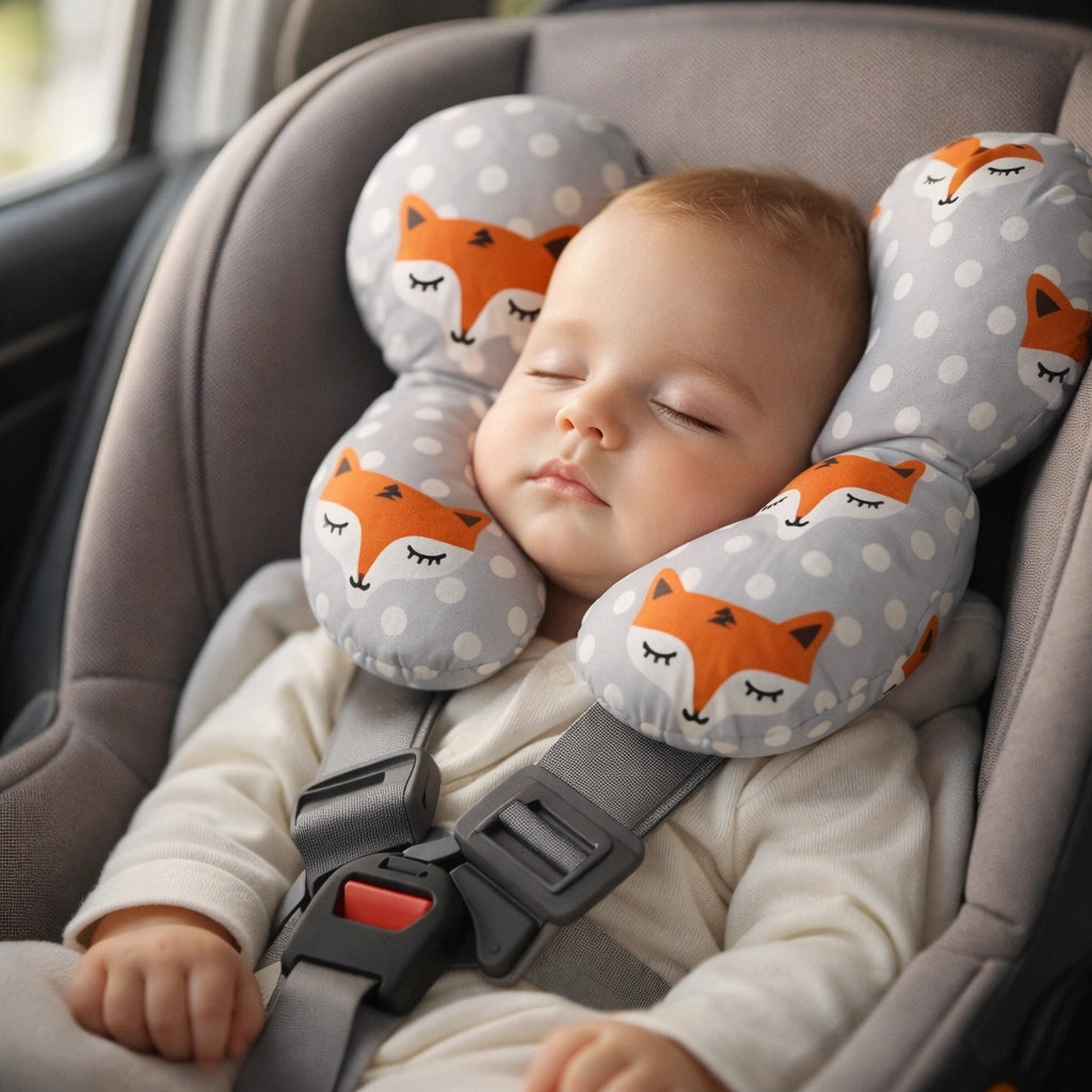 Bébé endormi dans un siège auto avec coussin de voyage ergonomique pour soutenir la tête et la nuque