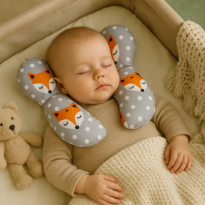 Bébé endormi avec coussin renard soutien tête confortable