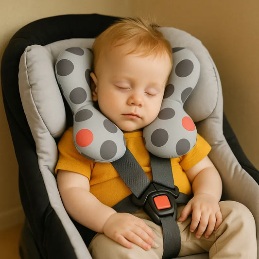Bébé dort paisiblement coussin ergonomique gris à pois