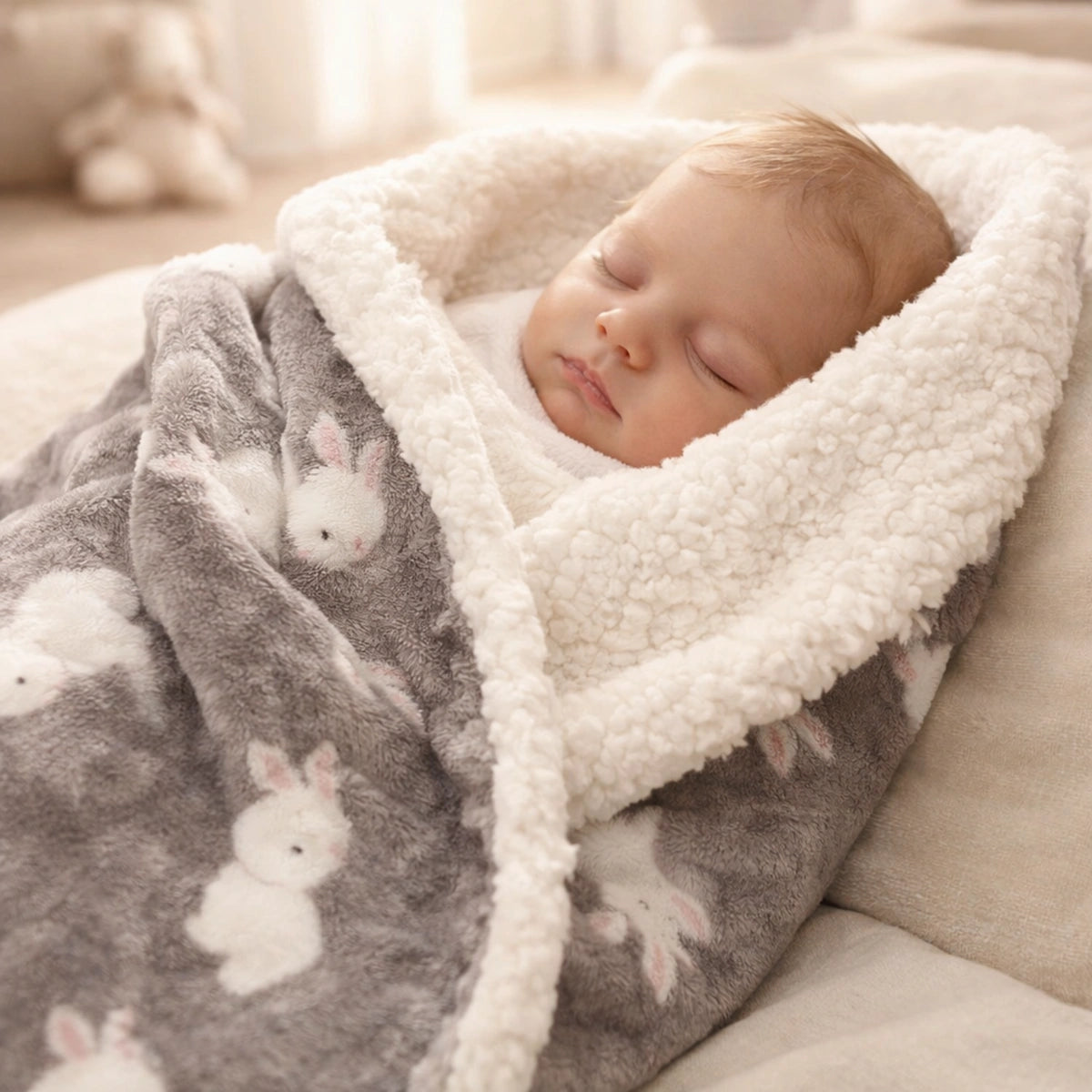 Bébé endormi enveloppé dans une couverture douce gris avec motifs lapins et intérieur polaire blanc dans une ambiance chaleureuse