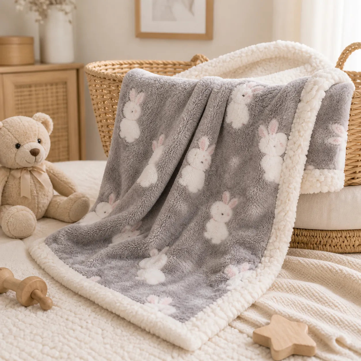 couverture bébé grise motif lapin en tissu doux dans une chambre bébé avec décoration chaleureuse