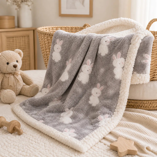 couverture bébé grise motif lapin en tissu doux dans une chambre bébé avec décoration chaleureuse