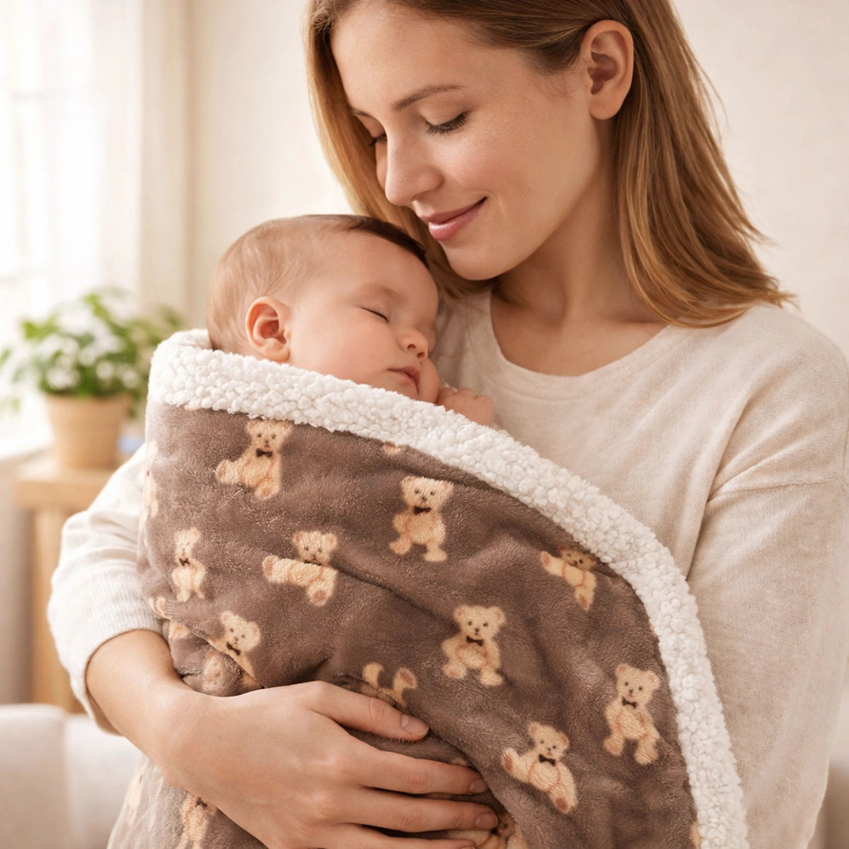 Maman tenant son bébé dans ses bras, enveloppé dans une couverture bébé douce