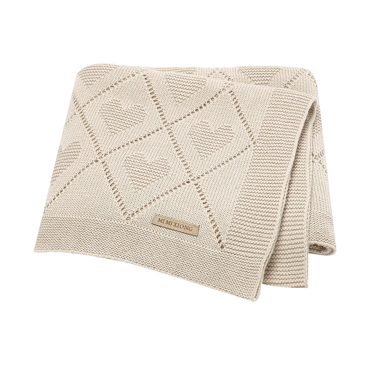 Couverture bébé en tricot beige à motif cœur, coton doux et respirant