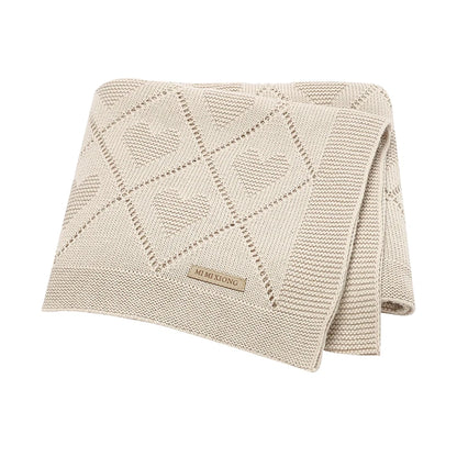 Couverture bébé en tricot beige à motif cœur, coton doux et respirant