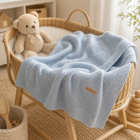 Couverture bébé en tricot bleu sur un berceau dans une chambre bébé avec décoration