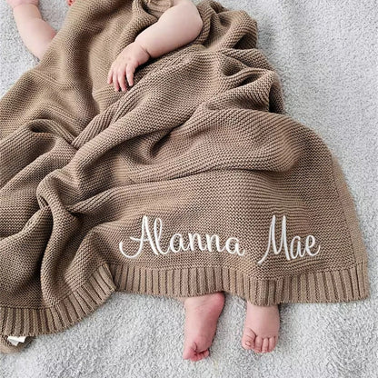 Couverture en tricot - Cigogne et bébé