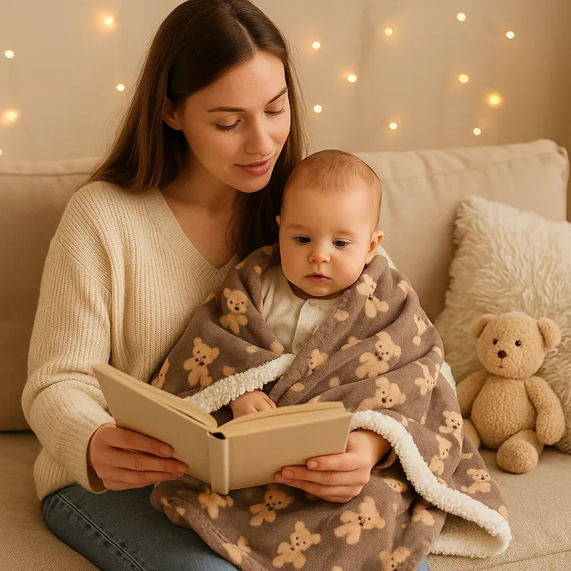 Maman lit un livre avec son bébé enveloppé dans une couverture douce motif oursons