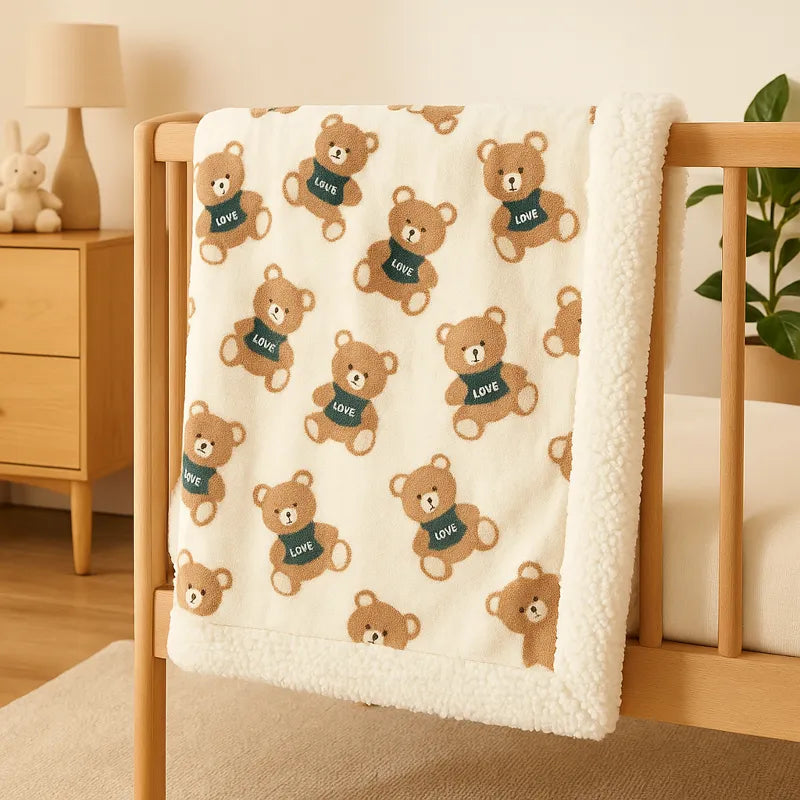 Couverture bébé polaire avec oursons LOVE suspendue sur lit bébé