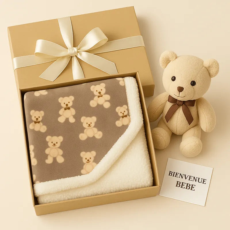 Coffret cadeau couverture bébé oursons avec peluche et carte Bienvenue Bébé
