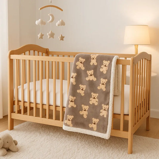 Couverture bébé polaire motif oursons suspendue sur un lit à barreaux en bois clair