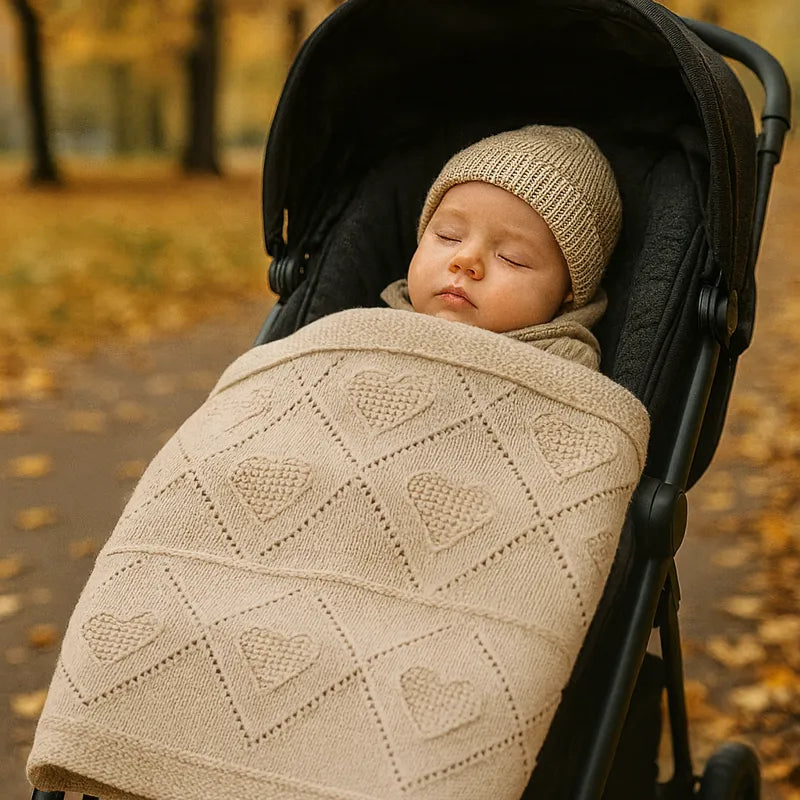 Bébé dormant en poussette recouvert de couverture bébé tricot coton beige motif cœur