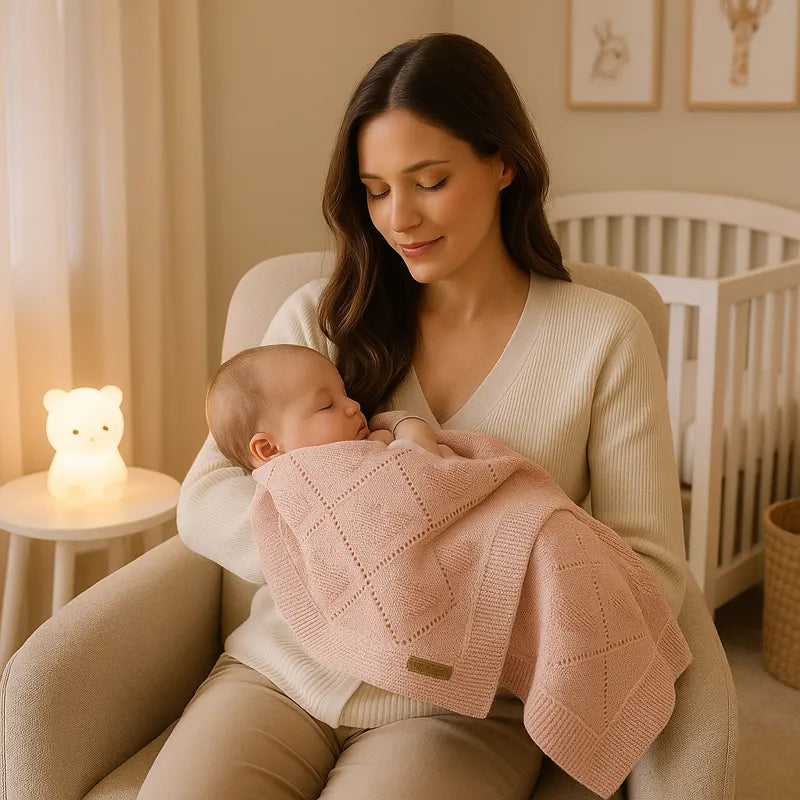 Maman berçant son bébé avec couverture bébé tricot coton rose douce