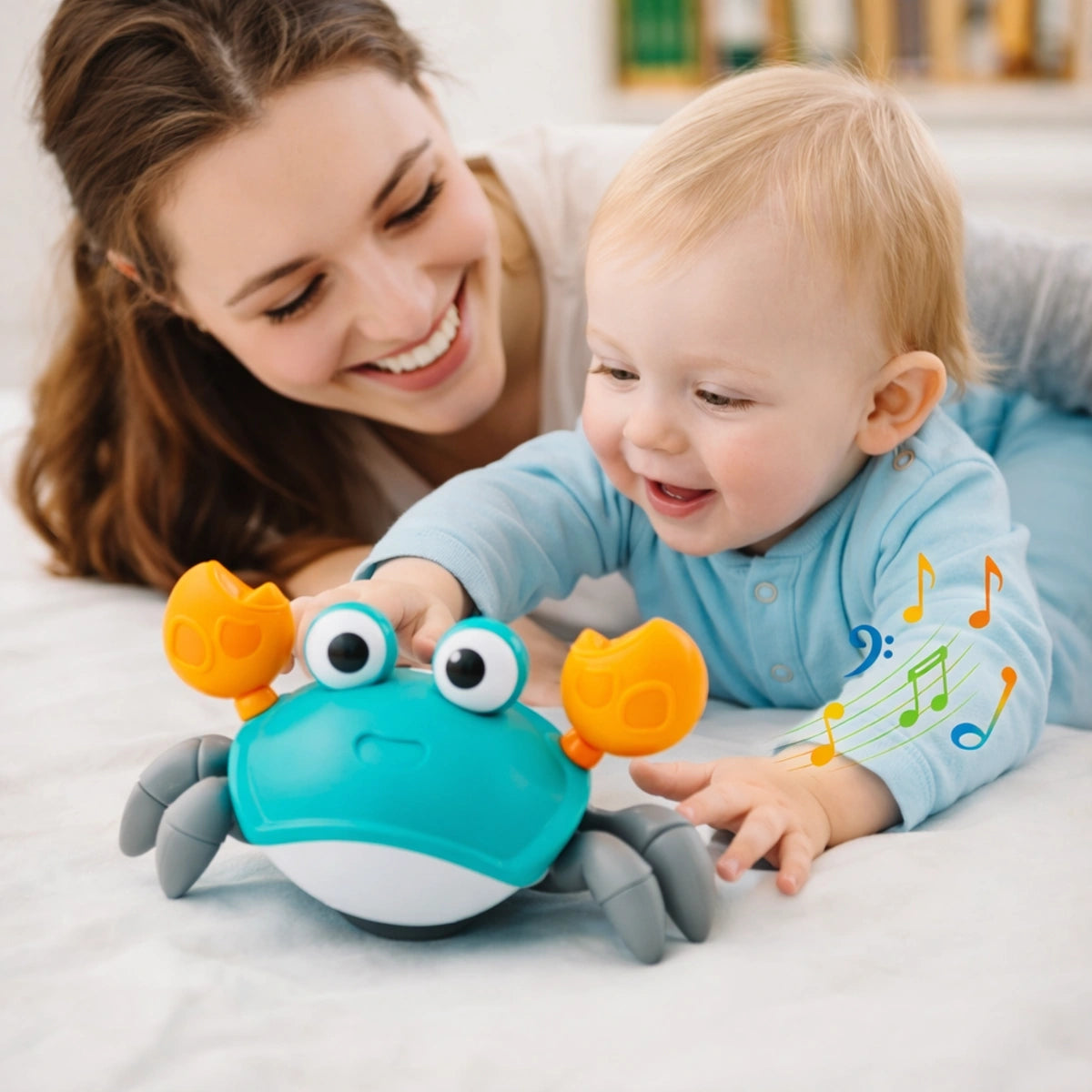 Maman et bébé en train de jouer avec crabe infrarouge