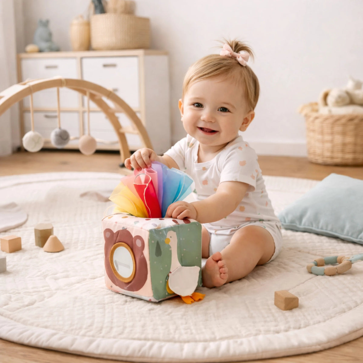 bébé jouant avec cube d’éveil sensoriel Montessori jouet éducatif tissu doux stimulation visuelle tactile