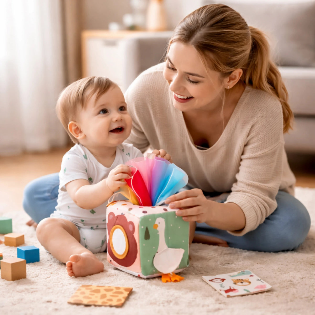 maman et bébé interaction avec cube d’éveil sensoriel jouet éducatif bébé activité Montessori
