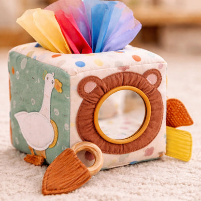 cube d’éveil bébé sensoriel en tissu doux avec miroir et textures éducatives jouet Montessori