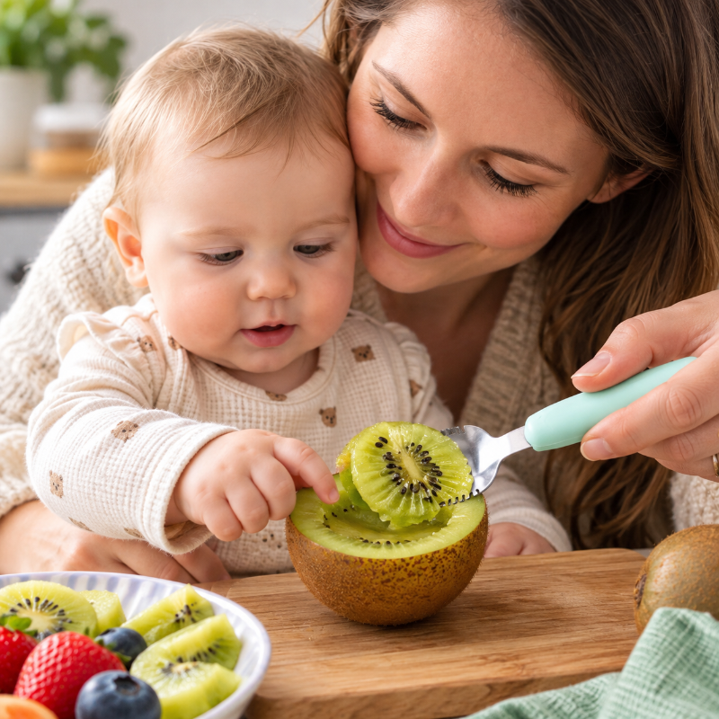 Maman utilisant la partie métallique dentelée de la cuillère bébé pour prélever du kiwi