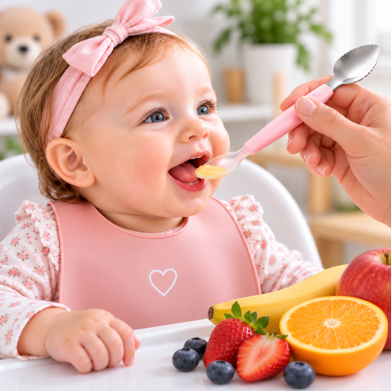 Bébé pendant le repas avec une cuillère 2 en 1 rose et des fruits frais