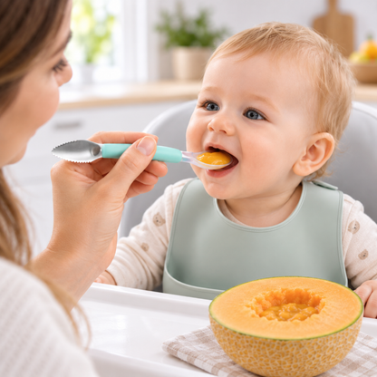 Maman donnant à manger à bébé avec une cuillère bébé 2 en 1