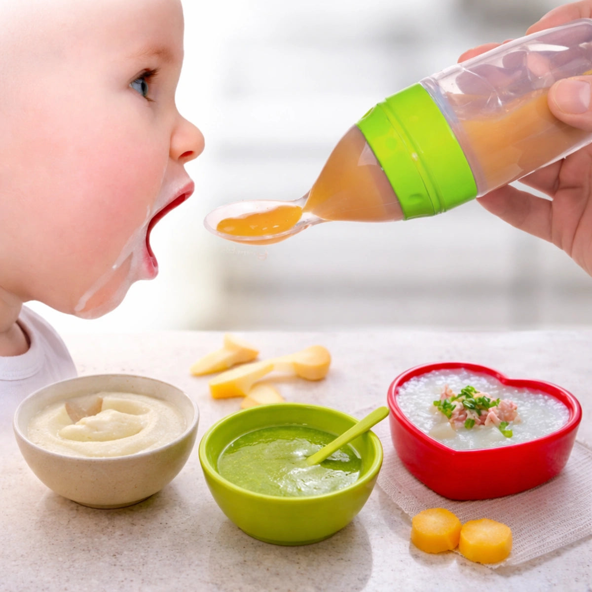 Cuillère bébé alimentation avec purée et repas diversification alimentaire, accessoire repas bébé