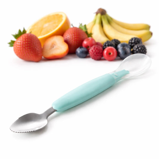 Cuillère bébé double embout pour fruits frais, manche ergonomique long avec cuillère transparente et embout dentelé métal