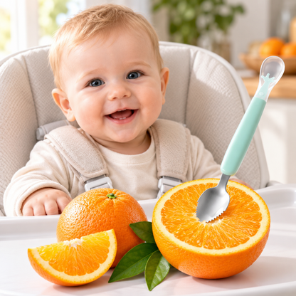 Cuillère bébé 2 en 1 avec partie métallique dentelée utilisée dans une orange