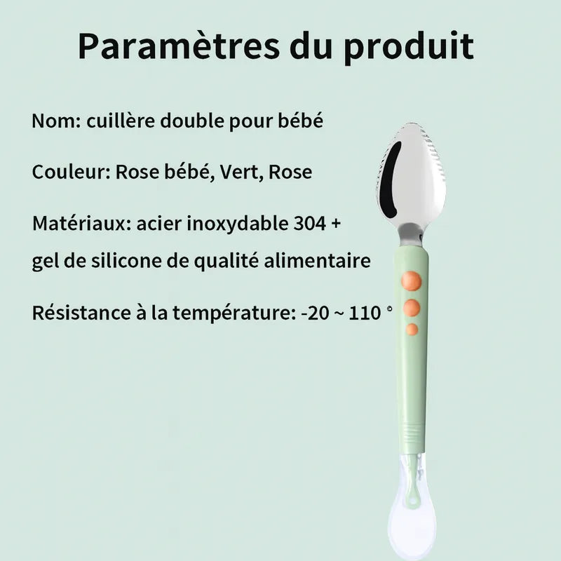 Cuillère double bébé en inox et silicone alimentaire avec paramètres