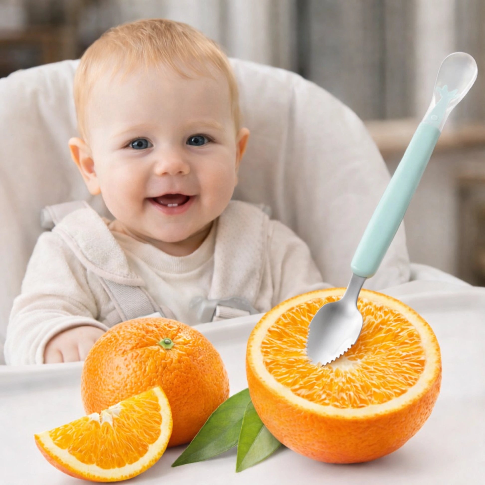 Bébé en chaise haute avec cuillère fruit bébé double embout pour découper et nourrir fruits frais orange