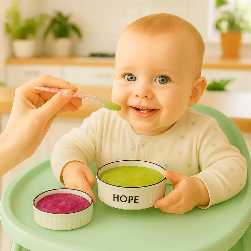 Bébé heureux mangeant purée avec cuillère en silicone verte