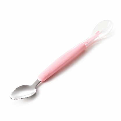 Cuillère fruit bébé évolutive rose double embout silicone et métal dentelé ustensile alimentation bébé