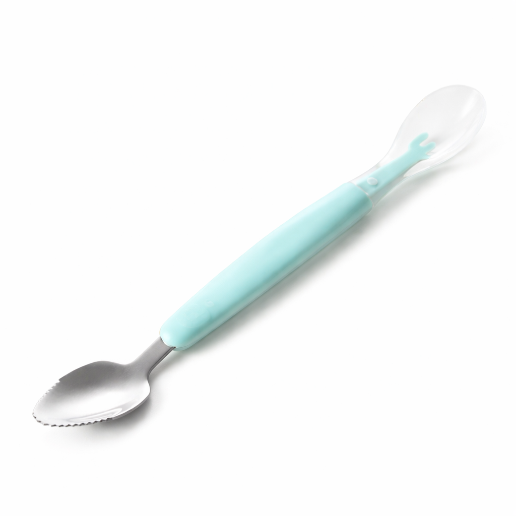 cuillère fruit bébé évolutive verte double embout silicone et métal dentelé ustensile alimentation bébé