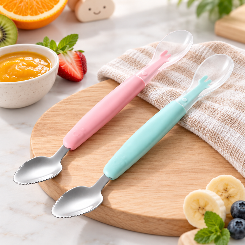 Cuillères bébé 2 en 1 rose et bleue avec embout souple et partie métallique dentelée