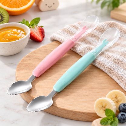 Cuillères bébé 2 en 1 rose et bleue avec embout souple et partie métallique dentelée