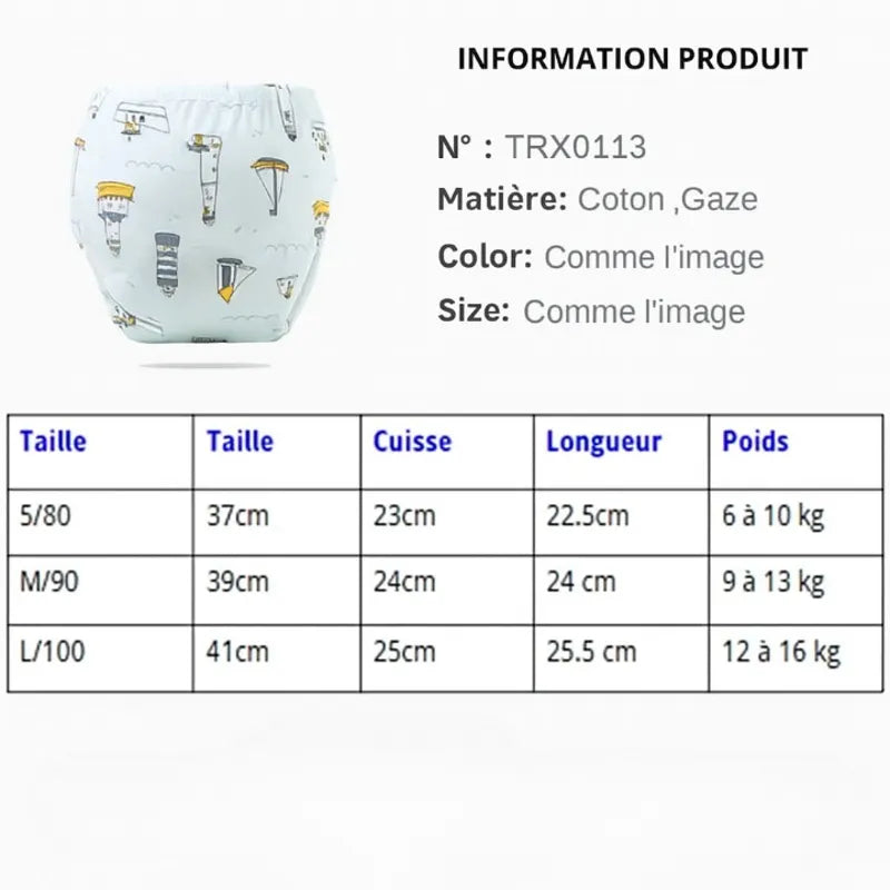 Guide des tailles culotte d’apprentissage bébé en coton respirant