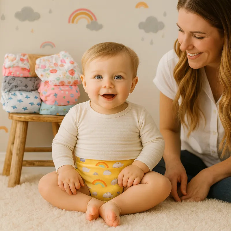 Bébé souriant portant culotte d’apprentissage jaune arc-en-ciel avec maman