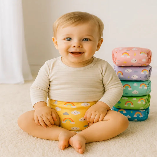 Bébé assis avec pile de culottes d’apprentissage colorées arc-en-ciel