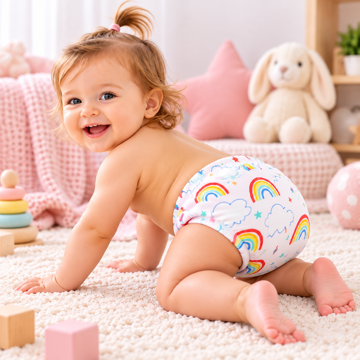 Petite fille souriante à quatre pattes portant une culotte d’apprentissage lavable à motifs arc-en-ciel.