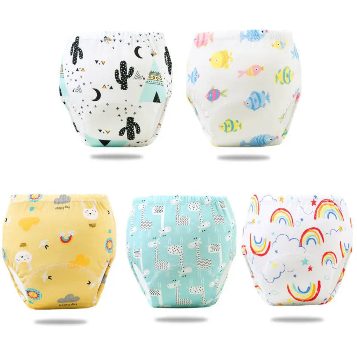 Cinq culottes d’apprentissage lavables pour bébé avec motifs cactus, poissons, animaux et arcs-en-ciel.