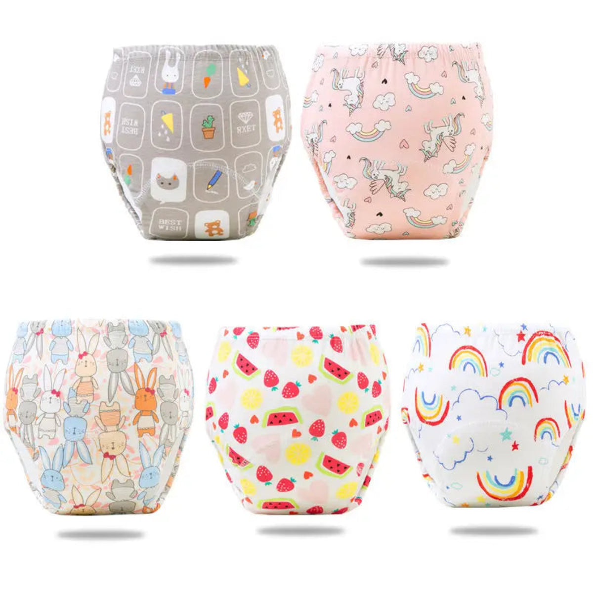 Cinq modèles de culottes d’apprentissage bébé aux motifs de licornes, lapins, fruits et arcs-en-ciel.