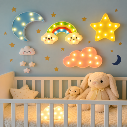 Décoration chambre bébé avec veilleuse LED lune nuage étoile arc-en-ciel