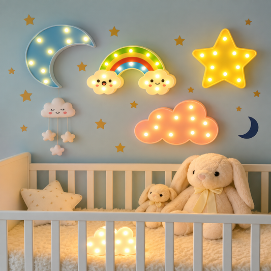Décoration chambre bébé avec veilleuse LED lune nuage étoile arc-en-ciel